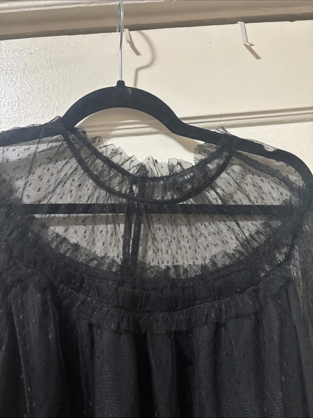 Jcrew Black Sheer Dot Mesh Blouse with Ruffle Neckline
